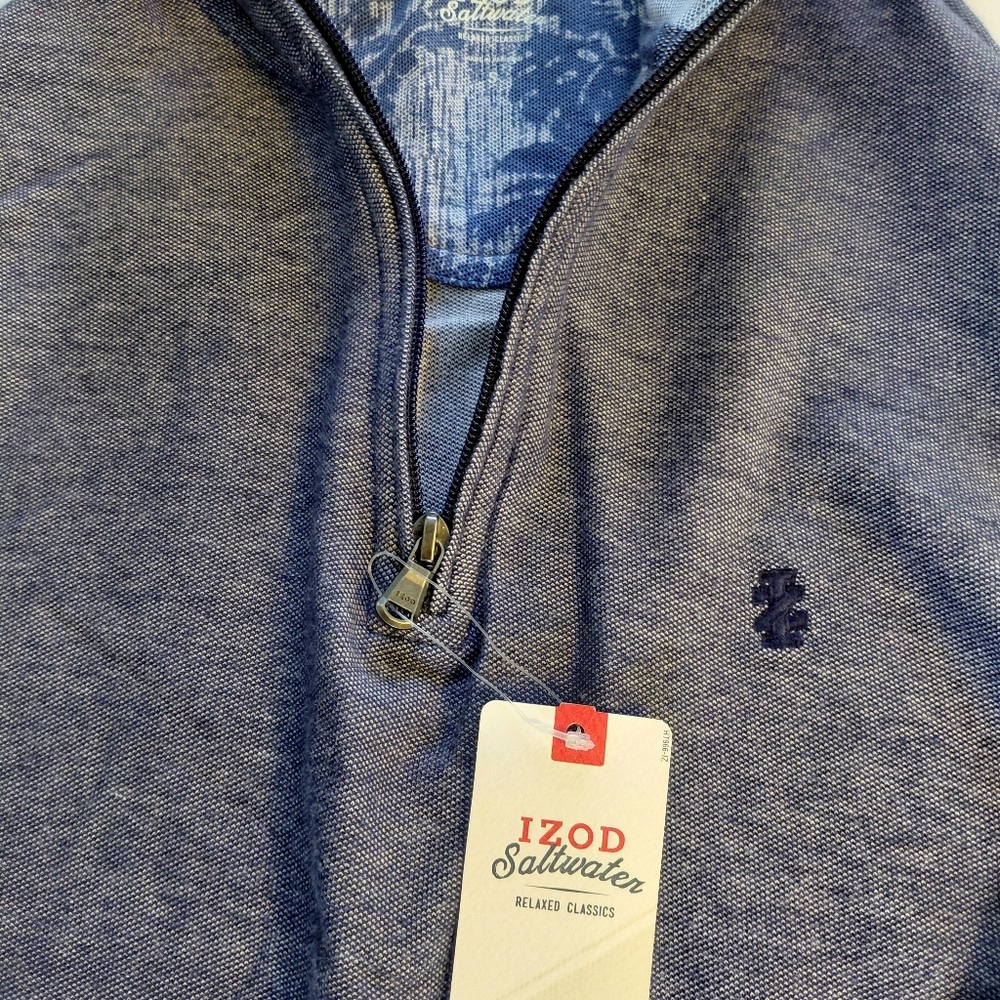 Izod Saltwater Mens Shirt Blue Long Sleeve Pullover 1/4 Zip Mock Neck Relaxed - Picture 3 of 6
